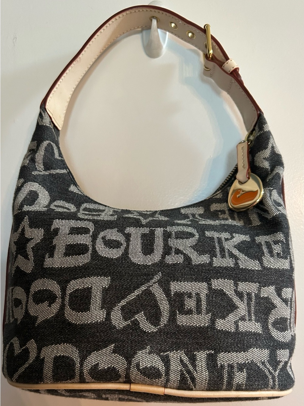 Dooney & Bourke Hearts & Stars Hobo Shoulder Bag Made in Italy Dark Blue & Cream